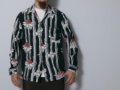 KAMEHAMEHA TORCH GINGER STRIPE PATTERN L/S HAWAIIAN SHIRT (MEDIUM/MINT CONDITION)