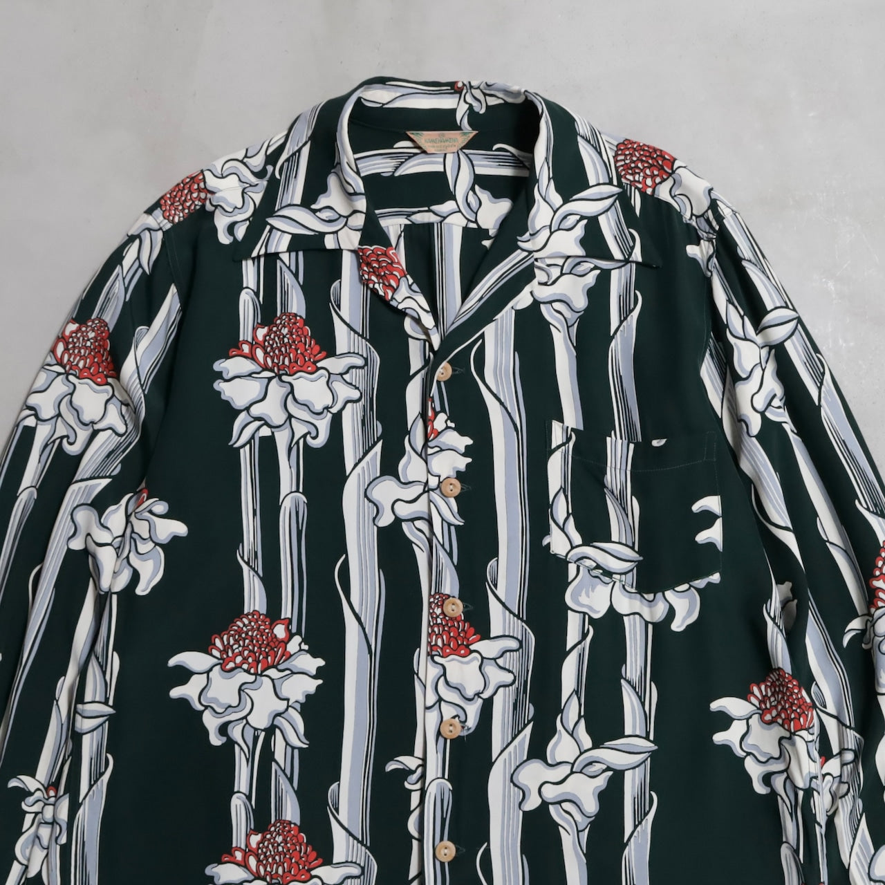 KAMEHAMEHA TORCH GINGER STRIPE PATTERN L/S HAWAIIAN SHIRT (MEDIUM/MINT CONDITION)