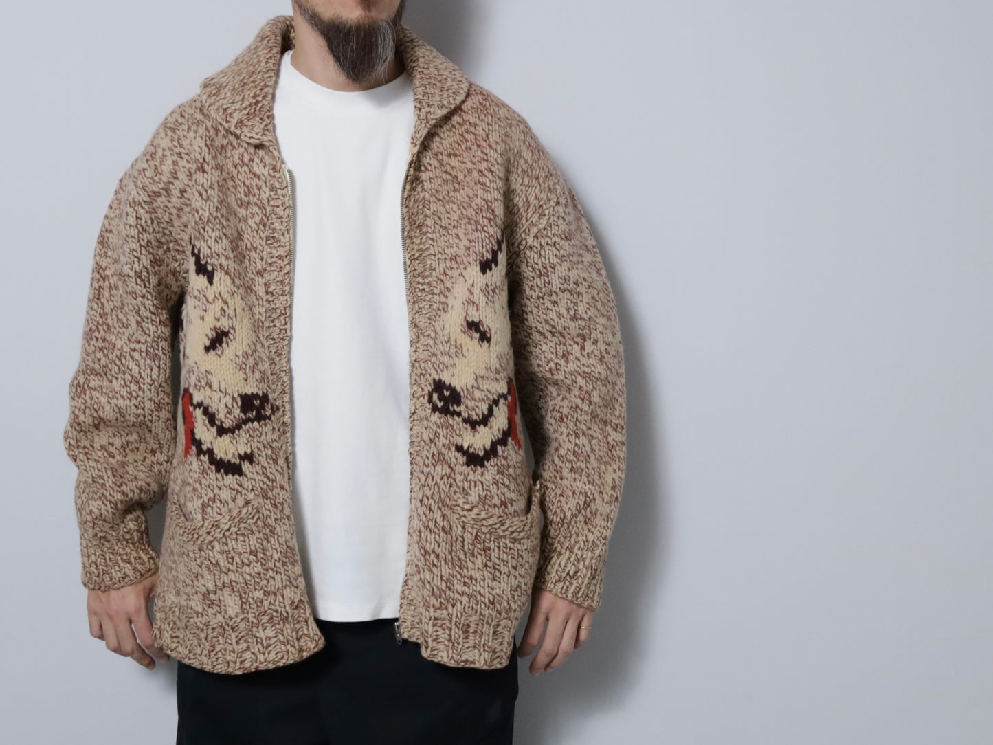 WOLF PATTERN COWICHAN SWEATER (MIX COLOR/BIG SIZE/GOOD CONDITION)