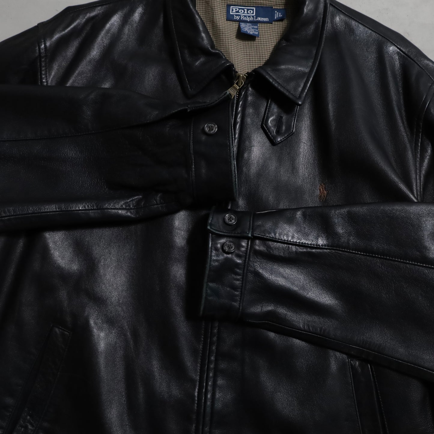 POLO BY RALPH LAUREN LEATHER JACKET WITH CHINSTRAP (BLACK/LARGE/GOOD CONDITION)