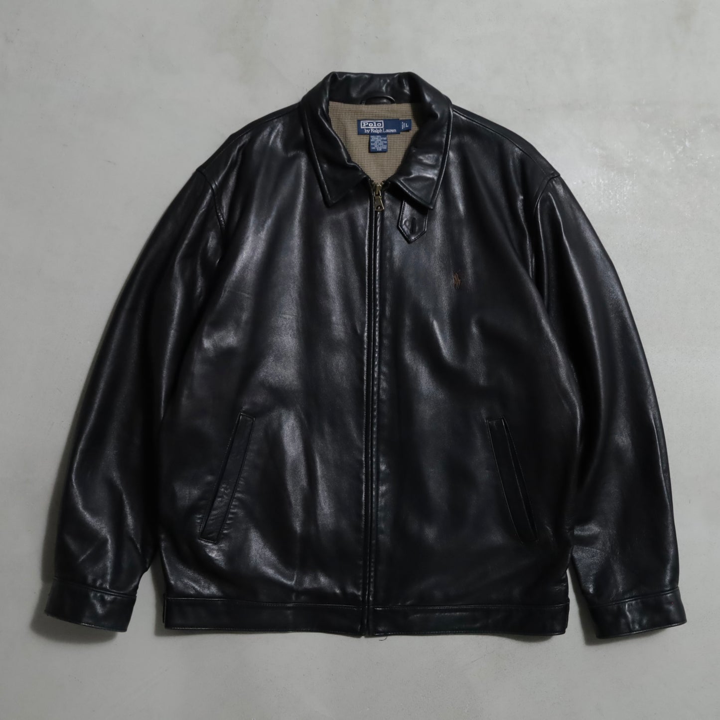 POLO BY RALPH LAUREN LEATHER JACKET WITH CHINSTRAP (BLACK/LARGE/GOOD CONDITION)