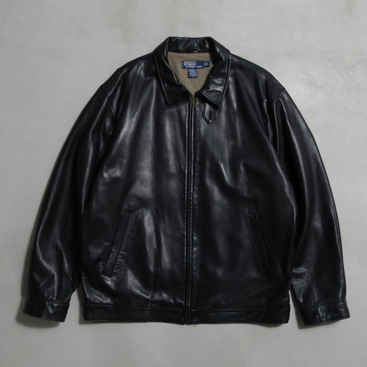 POLO BY RALPH LAUREN LEATHER JACKET WITH CHINSTRAP (BLACK/LARGE/GOOD CONDITION)