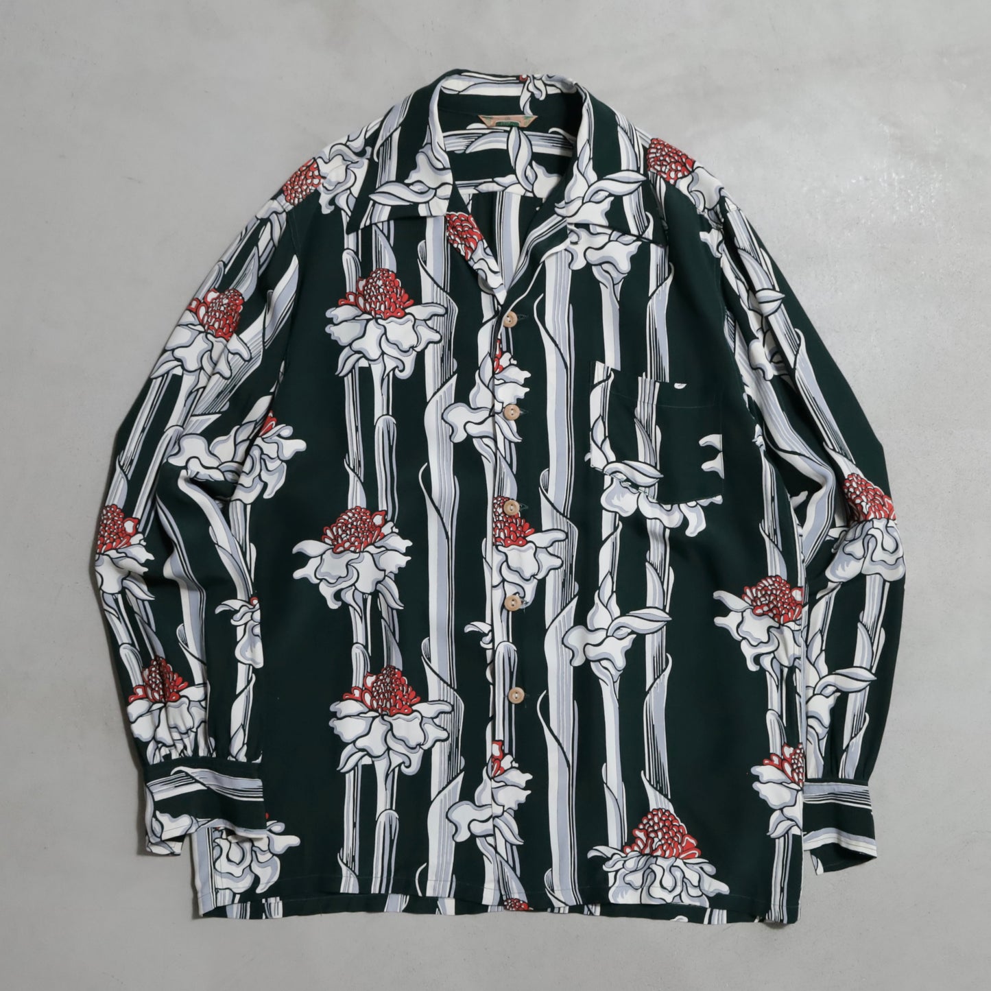 KAMEHAMEHA TORCH GINGER STRIPE PATTERN L/S HAWAIIAN SHIRT (MEDIUM/MINT CONDITION)
