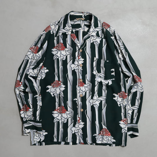KAMEHAMEHA TORCH GINGER STRIPE PATTERN L/S HAWAIIAN SHIRT (MEDIUM/MINT CONDITION)