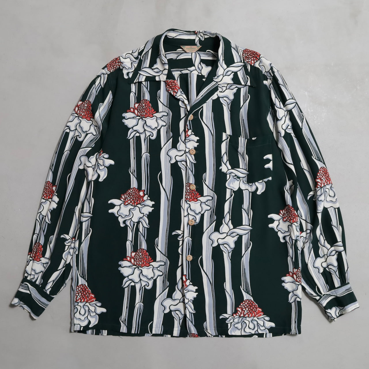 KAMEHAMEHA TORCH GINGER STRIPE PATTERN L/S HAWAIIAN SHIRT (MEDIUM/MINT CONDITION)