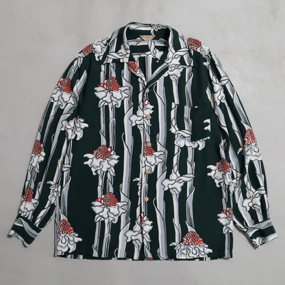 KAMEHAMEHA TORCH GINGER STRIPE PATTERN L/S HAWAIIAN SHIRT (MEDIUM/MINT CONDITION)