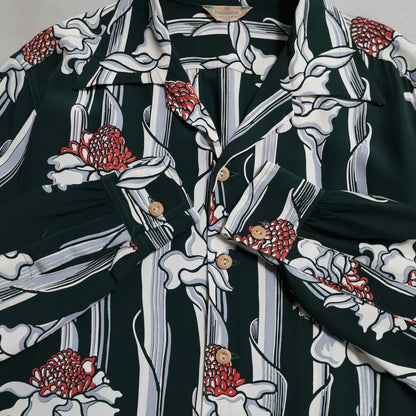 KAMEHAMEHA TORCH GINGER STRIPE PATTERN L/S HAWAIIAN SHIRT (MEDIUM/MINT CONDITION)